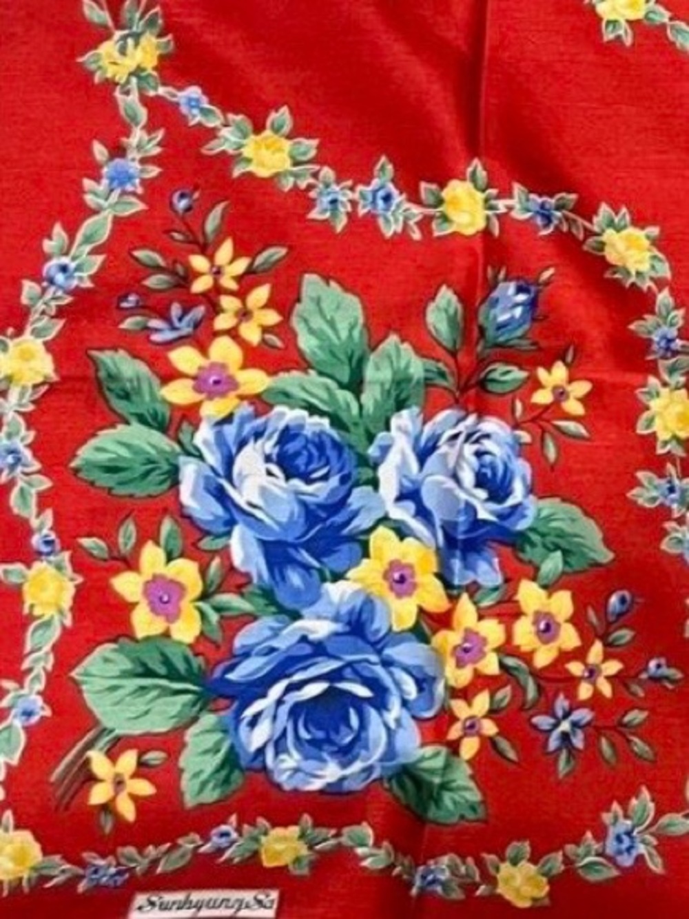 Sunkyang Sa Vintage Silk Scarf in Red Floral & Blue Rose Bouquet 34”x34” - Picture 6 of 6